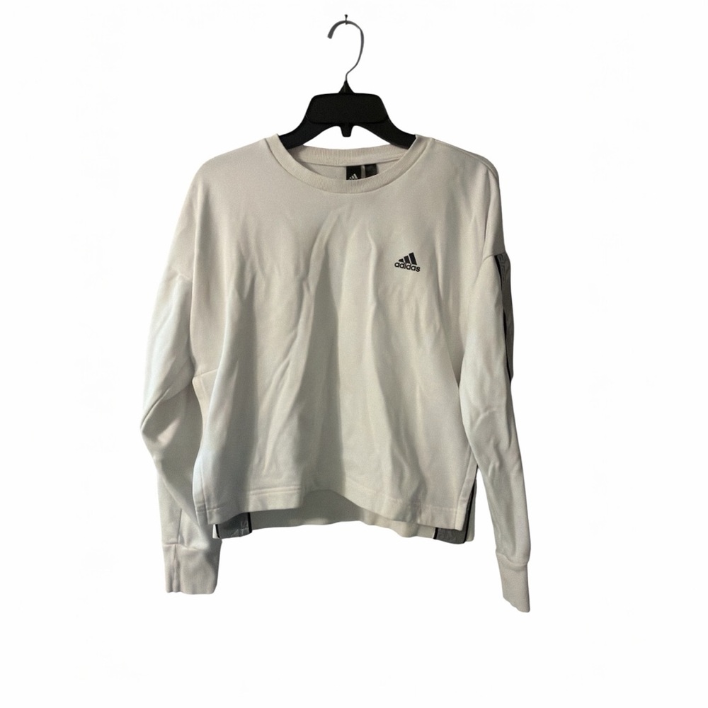 Adidas Cropped Crewneck Sweatshirt Cream Logo Stripe Sleeve Size S